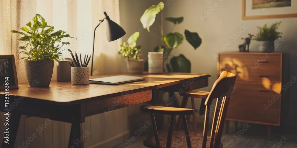 Fototapeta premium Serene Home Office with Potted Plant