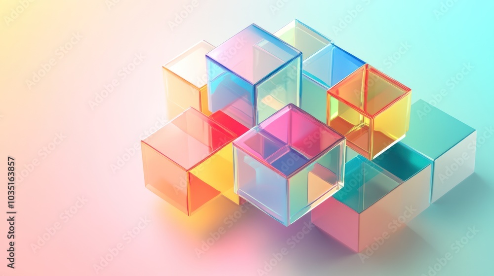 Stack of Colorful Transparent Cubes on Gradient Background
