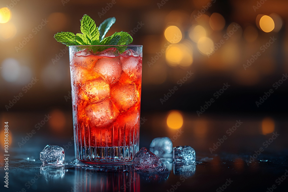 A vibrant glass of cocktail with ice, garnished with mint leaves, showcased against a blurred bar backdrop, perfect for summer refreshment. A vibrant glass of cocktail with ice, garnished with mint leaves, showcased against a blurred bar backdrop, perfect for summer refreshment.