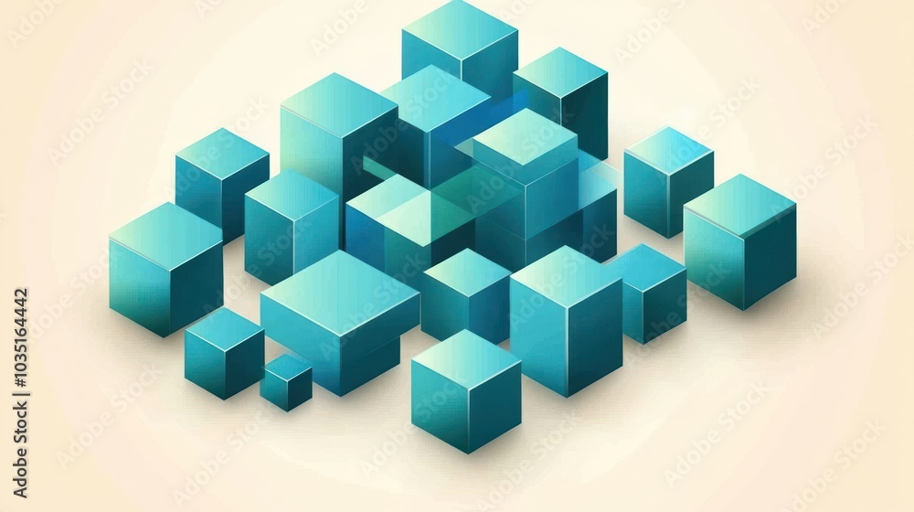 Abstract Arrangement of Blue and Green Cubes on a Cream Background Abstract Arrangement of Blue and Green Cubes on a Cream Background
