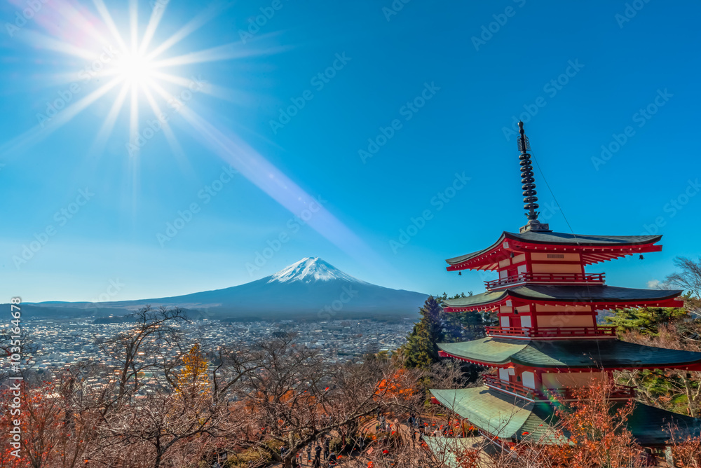 Mount Fuji, the iconic symbol of Japan, during the season of autumn foliage, a period of exceptional beauty.kawaguchiko,japan. Mount Fuji, the iconic symbol of Japan, during the season of autumn foliage, a period of exceptional beauty.kawaguchiko,japan.