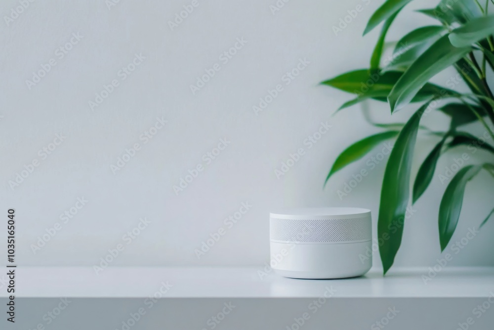 A white speaker sits on a shelf a plant leaf peeks into the frame Minimalist design A white speaker sits on a shelf a plant leaf peeks into the frame Minimalist design