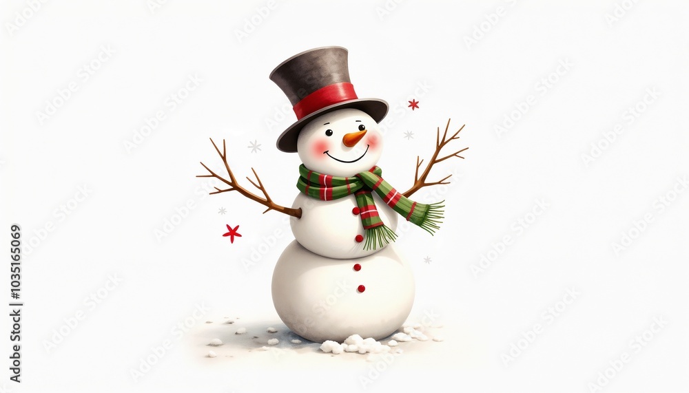 Cheerful snowman with top hat and scarf in festive illustration Cheerful snowman with top hat and scarf in festive illustration