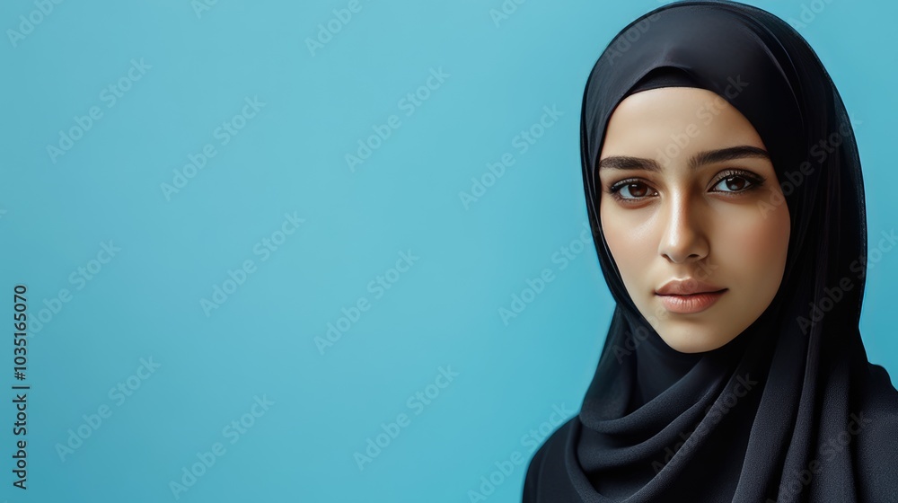 Elegant Portrait of Woman in Hijab Against Blue Background Elegant Portrait of Woman in Hijab Against Blue Background
