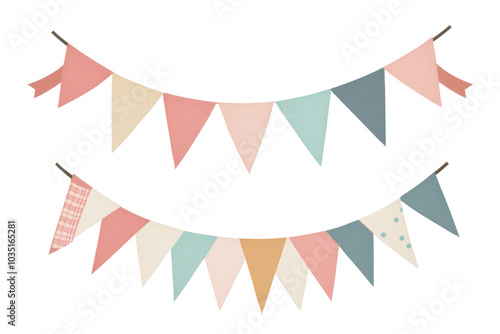 Colorful pastel bunting flags arranged in two rows, ideal for celebrations, parties, or festive decorations, adding a cheerful and vibrant touch. photo