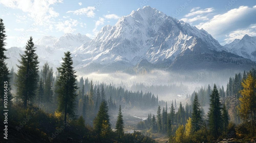 Majestic Mountain Landscape with Pine Forest and Mist Majestic Mountain Landscape with Pine Forest and Mist