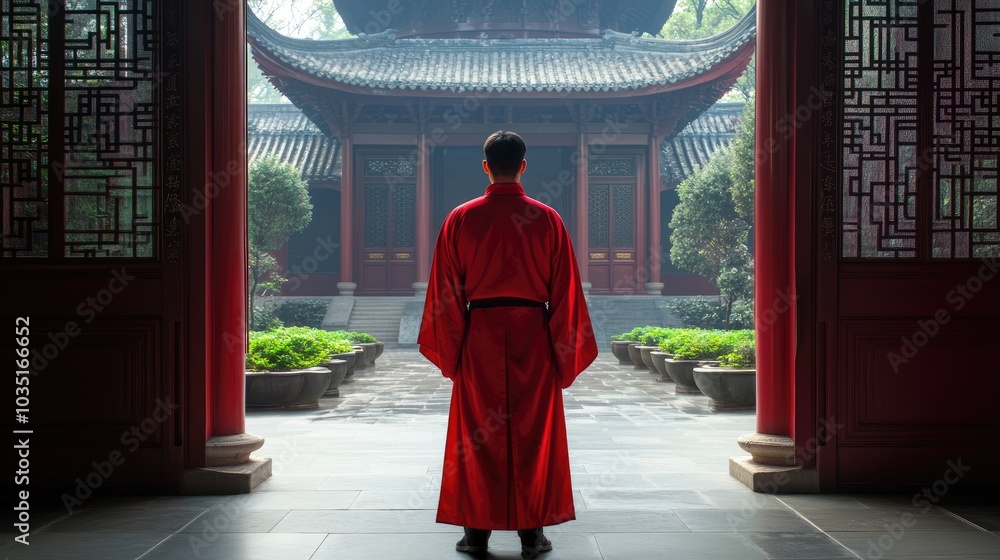 Fototapeta premium Serene Moment in Traditional Asian Architectural Setting