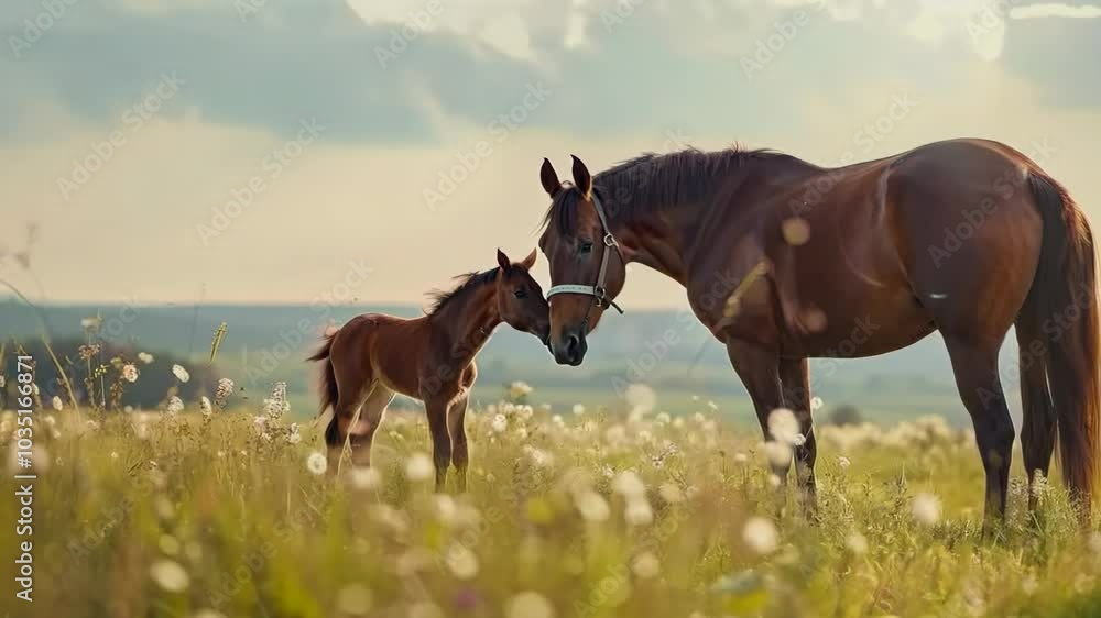 Graceful mare and newborn foal bonding in pasture, Video Graceful mare and newborn foal bonding in pasture, Video
