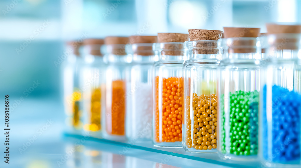 A row of glass jars containing vibrant beads in multiple colors is displayed on a shelf in a well-lit workspace, showcasing creativity and organization A row of glass jars containing vibrant beads in multiple colors is displayed on a shelf in a well-lit workspace, showcasing creativity and organization