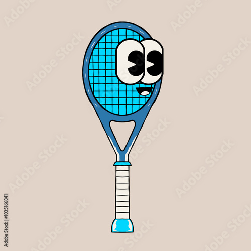 Doodle cute character tennis racket sticker illustration