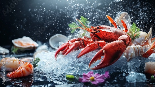 Close-up shot of a red lobster arranged on a mound of ice with various ingredients of lemon, parsley and other seafood, luxury food close-up or fish shop banner photo