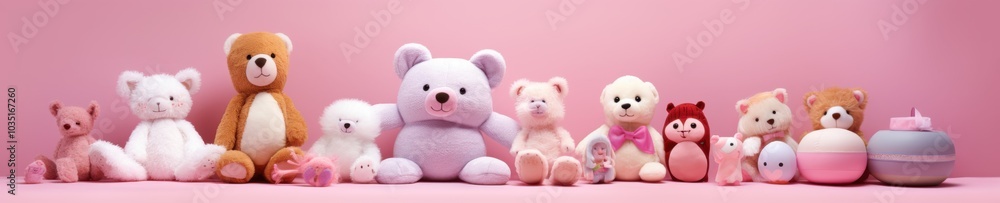 A charming array of pastel plush toys lined up against a soft pink background, offering an adorable and cheerful visual delight. A charming array of pastel plush toys lined up against a soft pink background, offering an adorable and cheerful visual delight.