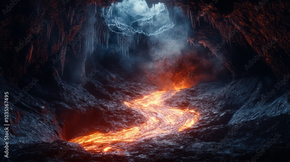 Hot lava flowing inside a large cave or volcano with an opening and sunlight streaming in through it. Volcanic eruption or lava Hot lava flowing inside a large cave or volcano with an opening and sunlight streaming in through it. Volcanic eruption or lava