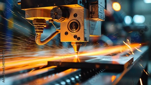 High tech laser cutting machine showcases precision and sparks in metal processing, highlighting energy of modern industrial manufacturing technology in workshop.