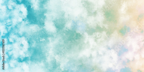 Abstract Mint Bluesky Water color background, Illustration. cloudy Minty sky background with clouds, cloudy light blue watercolor natural clouds and smoke. romantic summer blue sky with fluffy cloud.	
