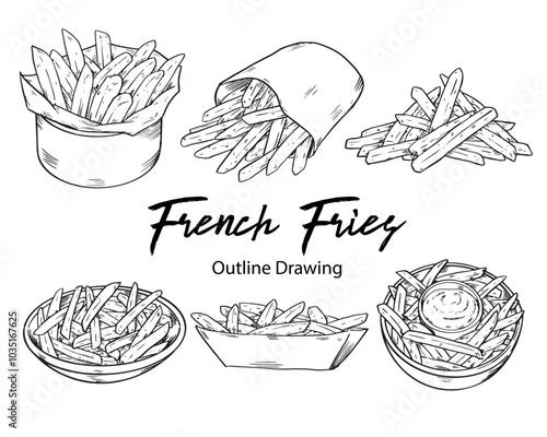 Collection of Fast Food French Fries Outline Drawing Vector Illustration set4