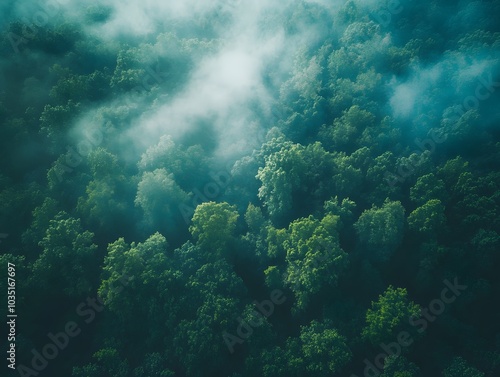 Wallpaper Mural Aerial view of a lush forest covered in fog. Torontodigital.ca