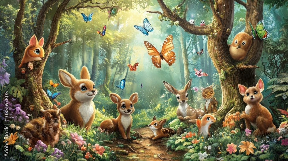 Charming Woodland Creatures in a Lush Forest Charming Woodland Creatures in a Lush Forest