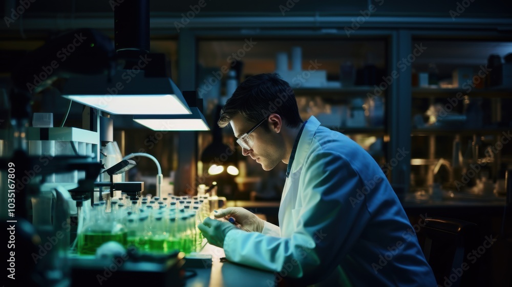 An engrossed scientist examines green liquid-filled test tubes, bathed in the glow of lab lights, symbolizing innovation and discovery. An engrossed scientist examines green liquid-filled test tubes, bathed in the glow of lab lights, symbolizing innovation and discovery.