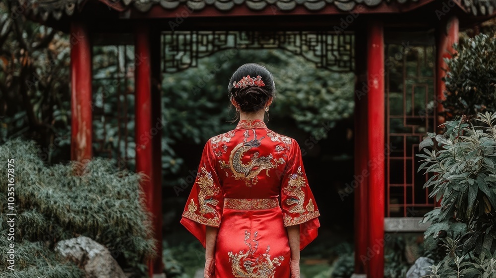 Elegant Woman in Traditional Red Attire in Garden Elegant Woman in Traditional Red Attire in Garden