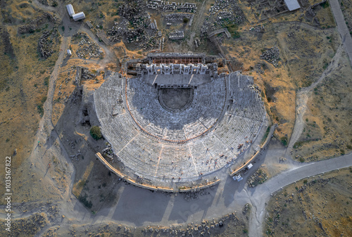 Aerial view of the ancient theater ruins of Hierapolis surrounded by beautiful landscape, Pamukkale, Turkey. photo