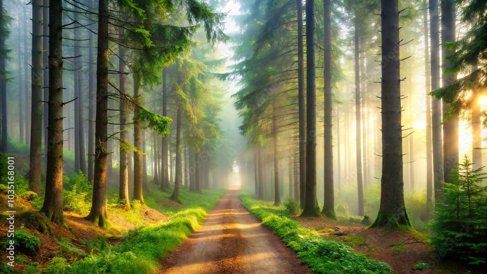 Fototapeta premium morning in the forest. forest, trees, path, nature, autumn, road, tree, landscape, woods, green, fall, leaves, light, misty, park, wood, mist, fog, trail, sun, foliage, morning, spring, foggy, summer