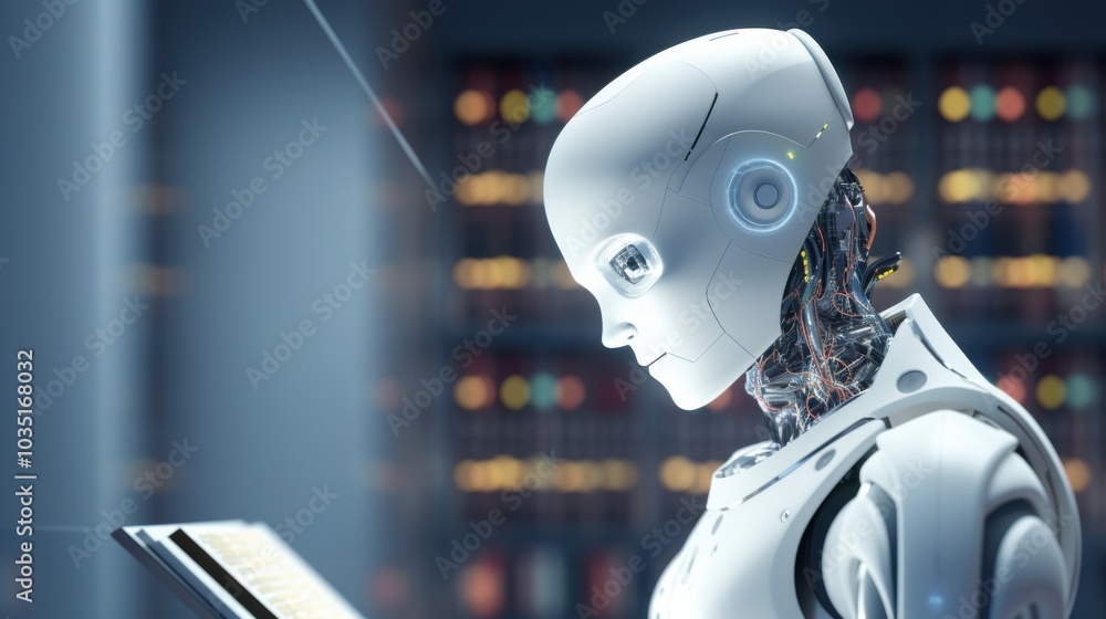 A futuristic robot engrossed in a book within a modern library setting symbolizes the fusion of technology and literacy. A futuristic robot engrossed in a book within a modern library setting symbolizes the fusion of technology and literacy.