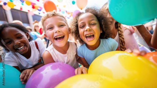 Joyous children tug at a rope, their laughter echoing amidst colorful balloons, symbolizing energy and playful camaraderie.