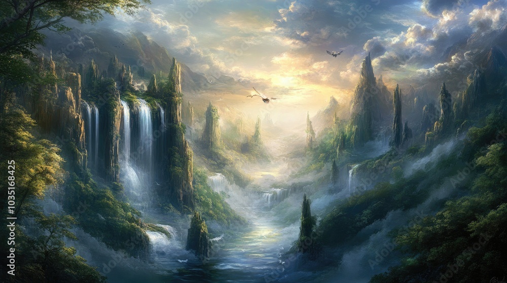 Fototapeta premium Serene Fantasy Landscape with Majestic Waterfalls