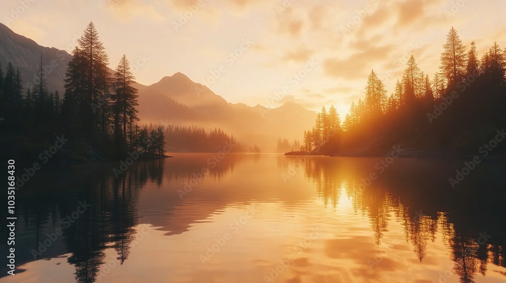 Serene Sunset Over Tranquil Lake and Mountains Serene Sunset Over Tranquil Lake and Mountains