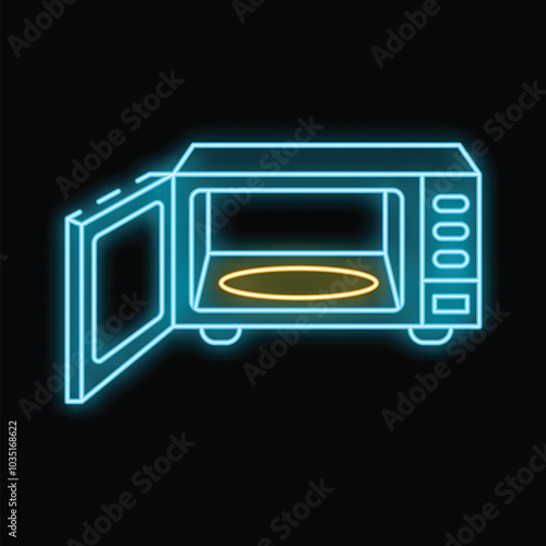 Blue neon microwave oven with open door and empty rotating plate inside