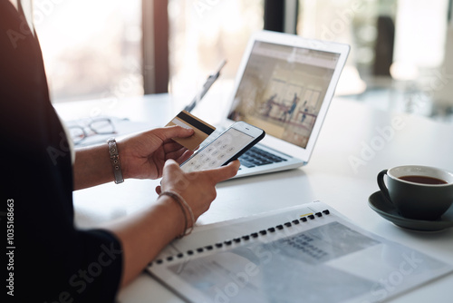 Office, hands and person with phone screen for credit card, banking information or account details. Above, businesswoman or debit with mobile app for dial number, online services or fintech by laptop photo