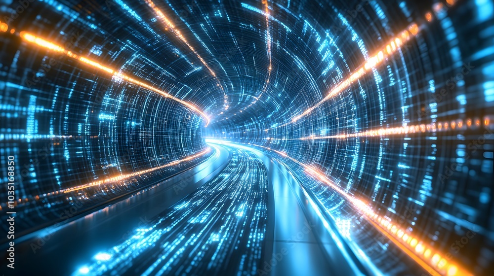 Infinite digital tunnel with glowing lights and endless data streams flowing through it Infinite digital tunnel with glowing lights and endless data streams flowing through it