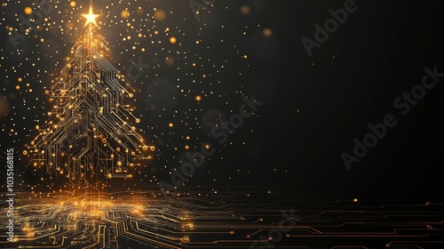 Futuristic Christmas tree made of glowing circuits and golden lights