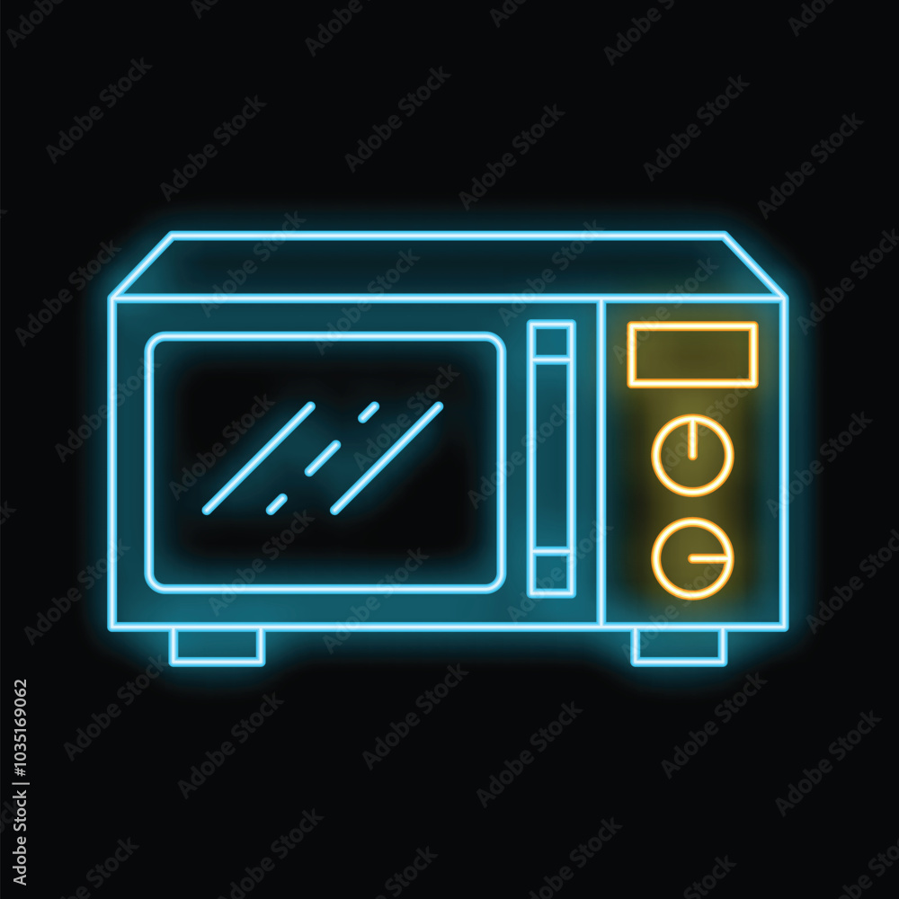 Neon microwave oven radiating a blue and yellow glow on a black background Neon microwave oven radiating a blue and yellow glow on a black background