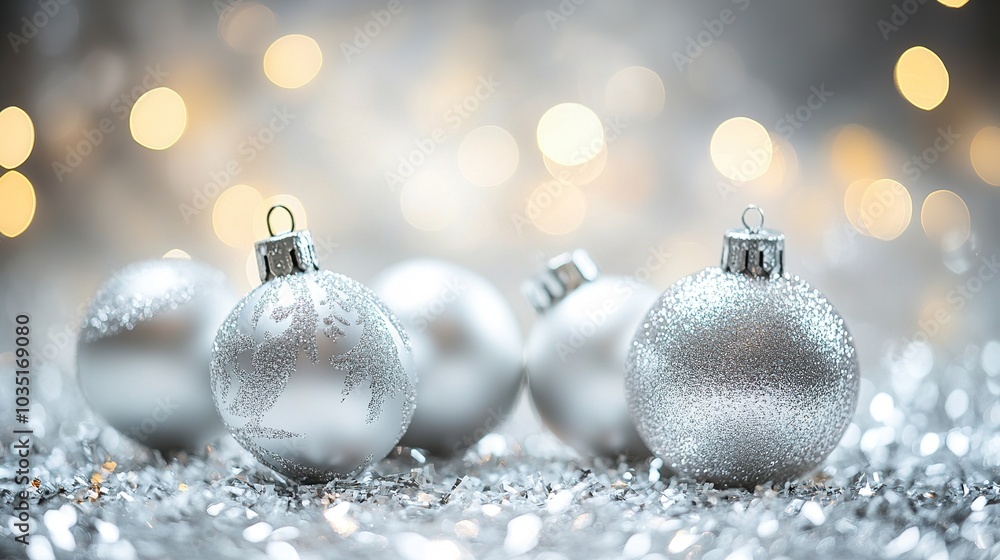 Silver Christmas Ornaments on Sparkling Background Silver Christmas Ornaments on Sparkling Background
