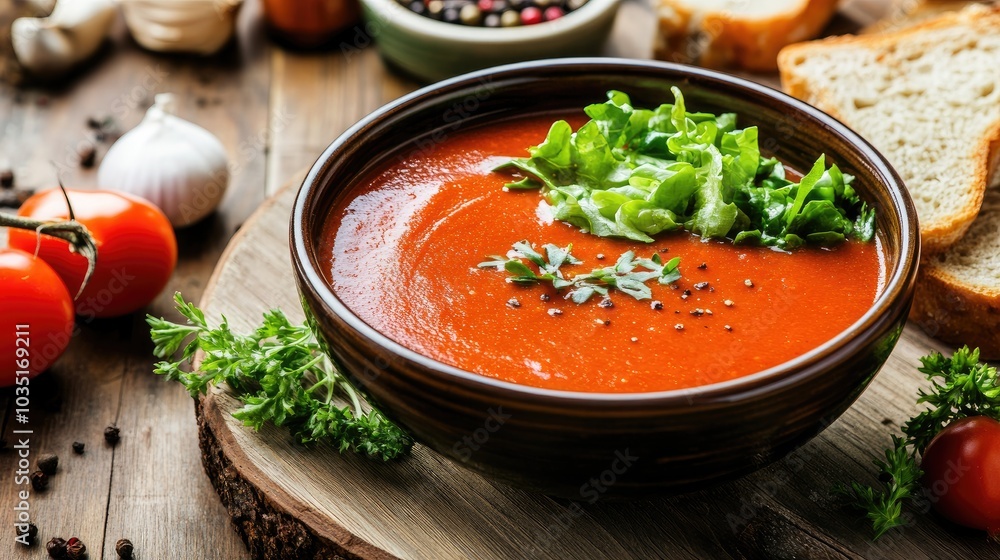 Fresh Tomato Soup with Garnish and Ingredients Fresh Tomato Soup with Garnish and Ingredients