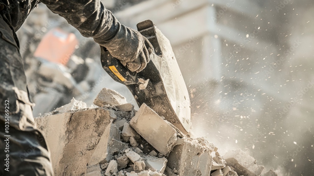 Obraz premium A close-up of a demolition expert using controlled explosives to dismantle an old industrial chimney, Demolition site scene, Controlled and precise style