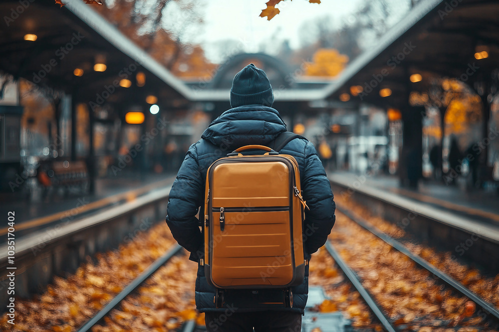 Tourist travel in autumn waiting for train generative AI picture Tourist travel in autumn waiting for train generative AI picture