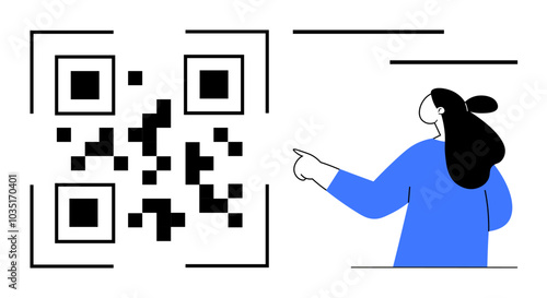 Woman pointing at a black and white QR code. Simple geometric design with minimalistic, modern elements. Ideal for technology, digital marketing, online payments, mobile applications, and modern