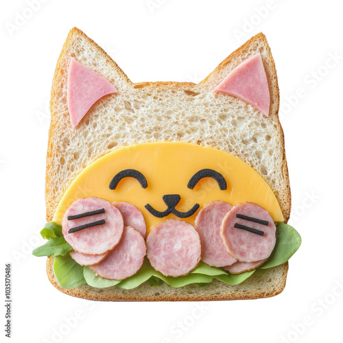 Cute cat-shaped sandwich with toppings on a white isolate background. photo