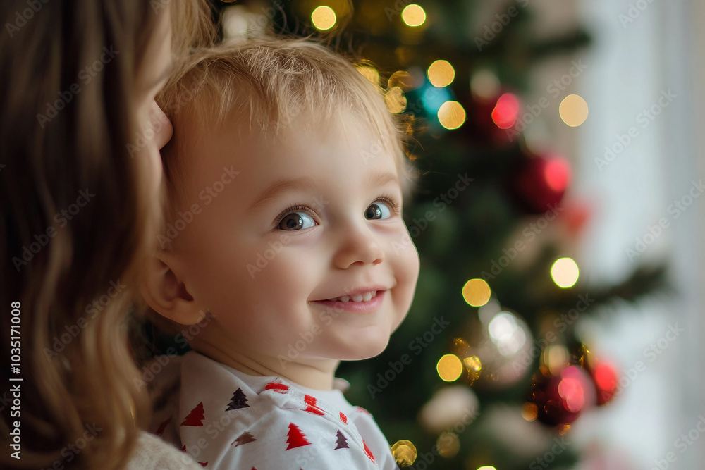 Generative AI image of mother father child couple family together by decorated Christmas tree holiday celebration themes Generative AI image of mother father child couple family together by decorated Christmas tree holiday celebration themes