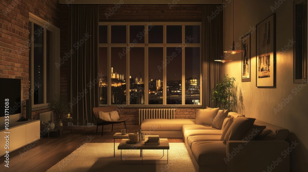 A stylish, spacious living room in a luxury apartment featuring large windows showcasing a beautiful city skyline at night, with elegant decor and cozy lighting.
A stylish, spacious living room in a luxury apartment featuring large windows showcasing a beautiful city skyline at night, with elegant decor and cozy lighting.