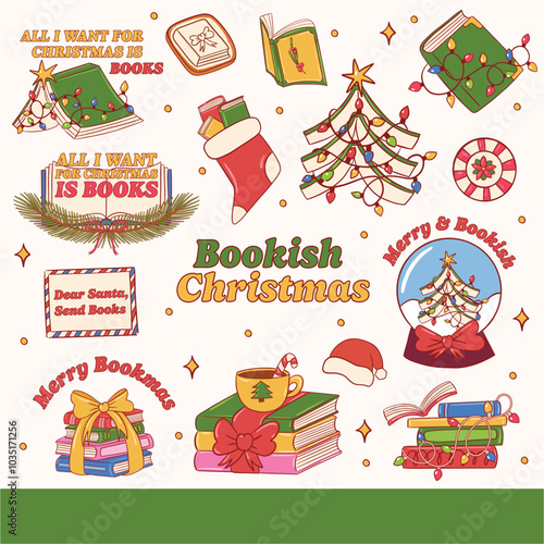 Bookish Christmas Themed Seamless Design with Holiday Books and Decorations