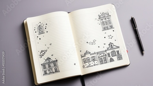 Notebook with black ink doodles: house, coffee cup, cloud, pencil, leaf, tablet, snowflake, and arrows. Pens lie beside it on the wooden surface. photo