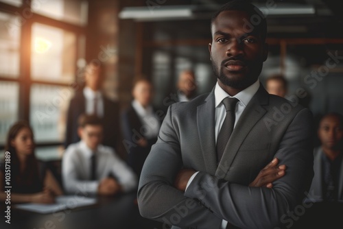 Confident African American businessman standing with arms crossed in modern office , serious expression, professional attire, surrounded by diverse colleagues in blurred, leadership role evident