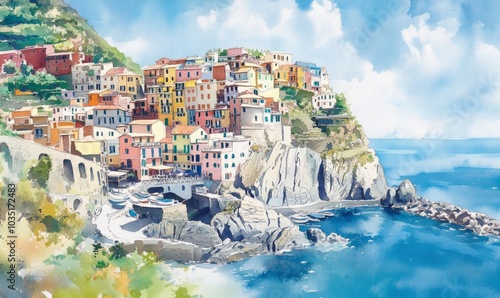 Watercolor Manarolla is the most famous panorama from the towns in the Cinque Terre photo