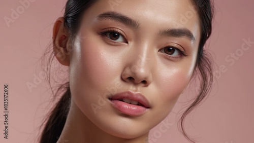 Closeup of Asian girl face, showing healthy skin without makeup, on pink background