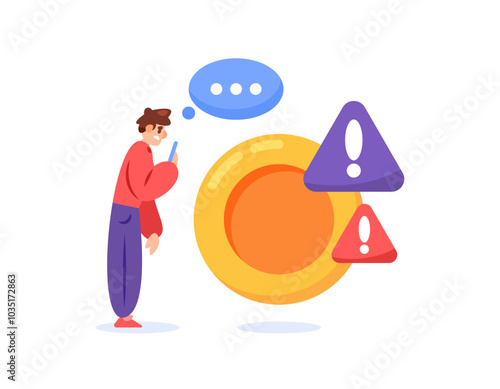 concept beware of scam messages. fraud warning. fraudulent mode to steal money. danger and alert. illustration of a man with coins and warning sign. flat style design. elements