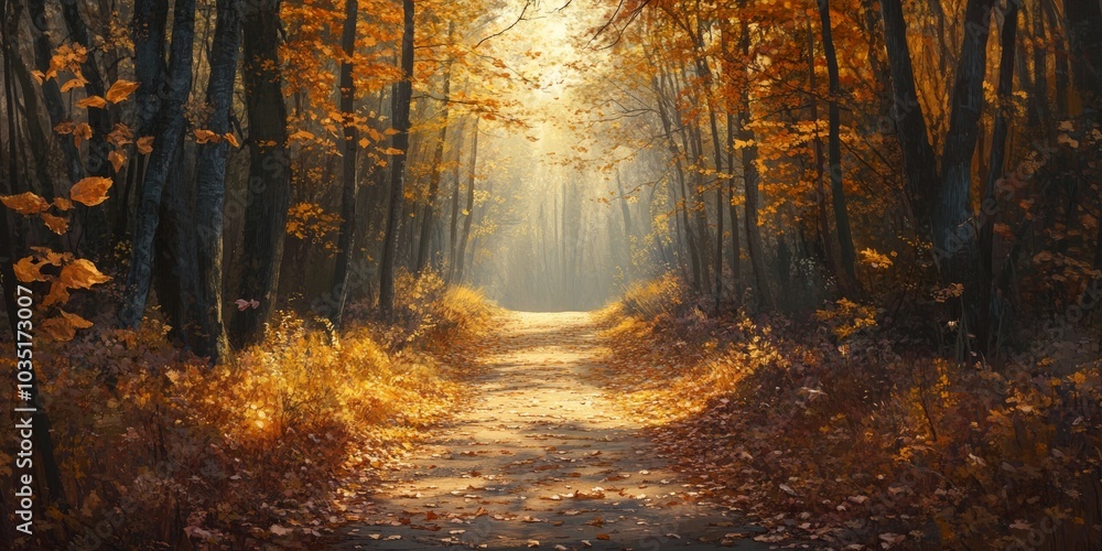 Sunlit forest path covered in golden autumn leaves, surrounded by tall trees and mist in a serene woodland setting Sunlit forest path covered in golden autumn leaves, surrounded by tall trees and mist in a serene woodland setting